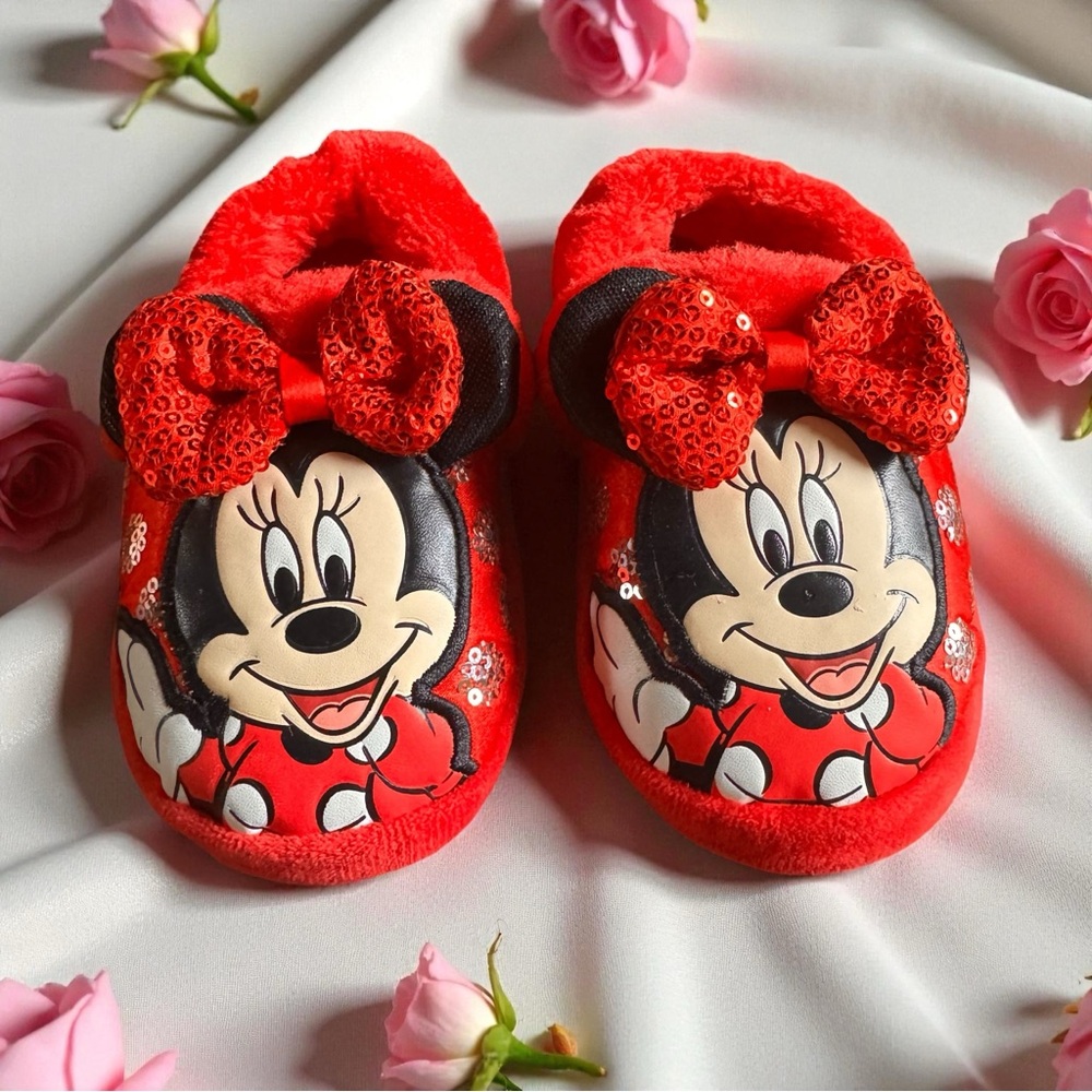 Disney Mickey Mouse Toddler Girls Red Bow Sequin Minnie Mouse Slippers 9-10